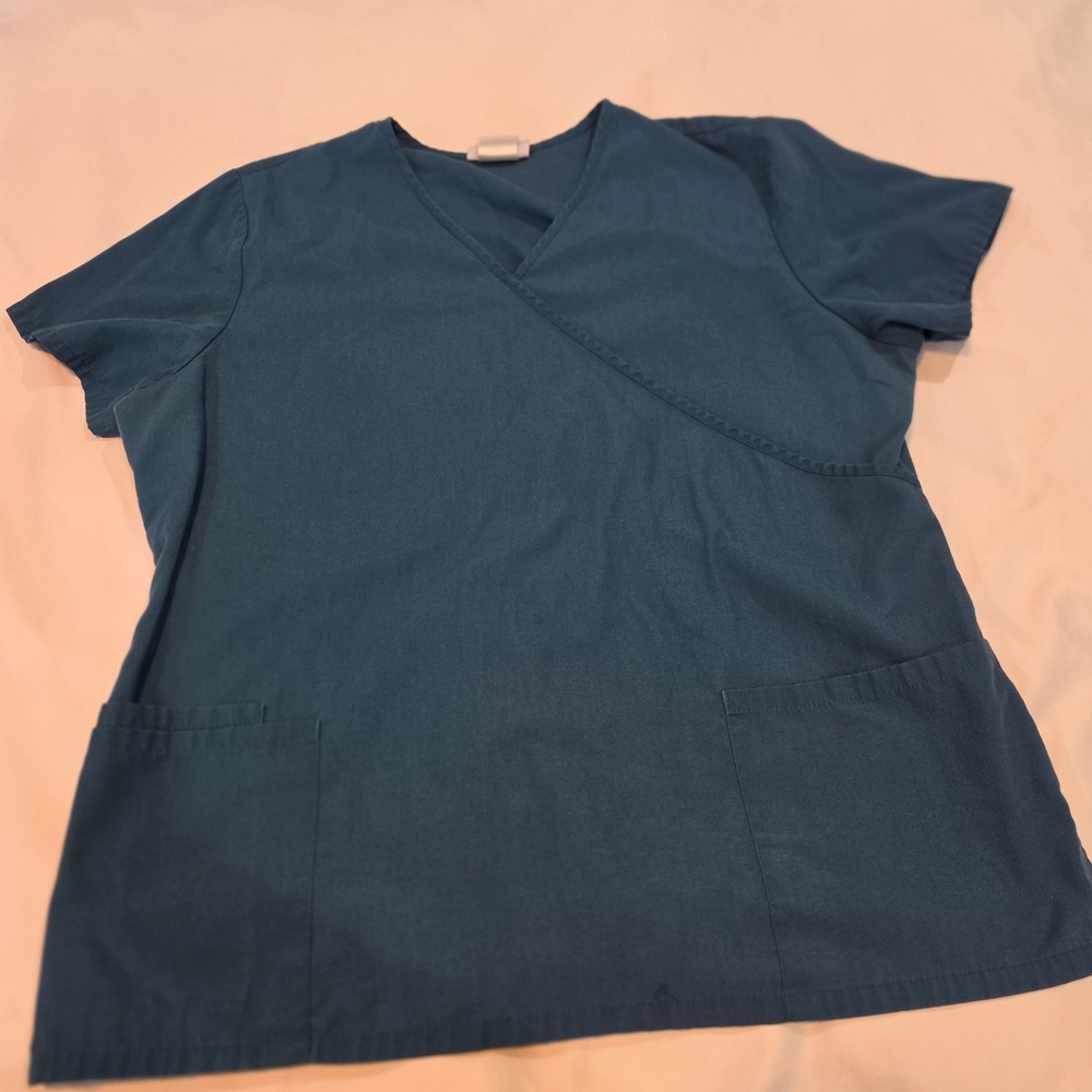 SB Scrubs Scrub Top Women L/XL Teal Excellent Mock Wrap V-Neck Short Sleeve
